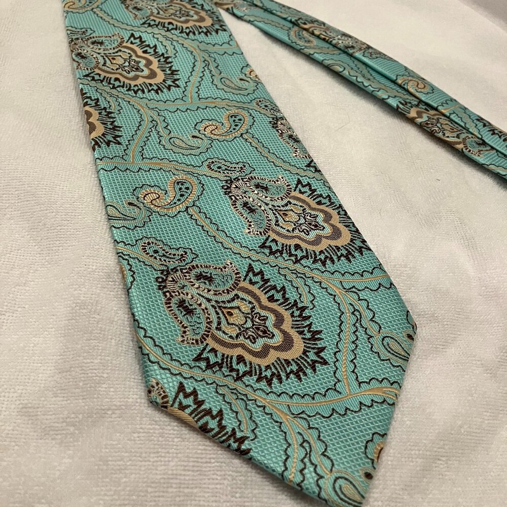Verse 9 Haute Couture Silk Necktie with Pocket Square - Turquoise, Brown and Tan